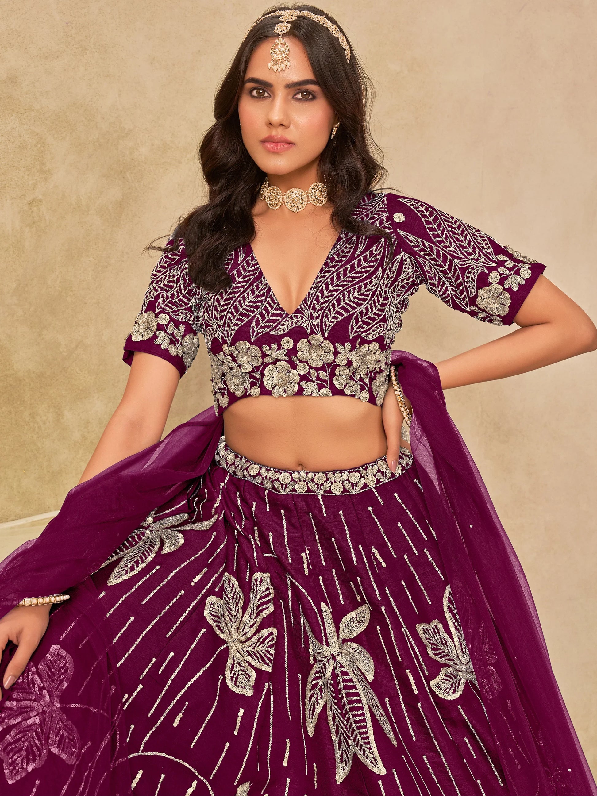Notable Wine Thread Work Art Silk Wedding Wear Lehenga With Blouse