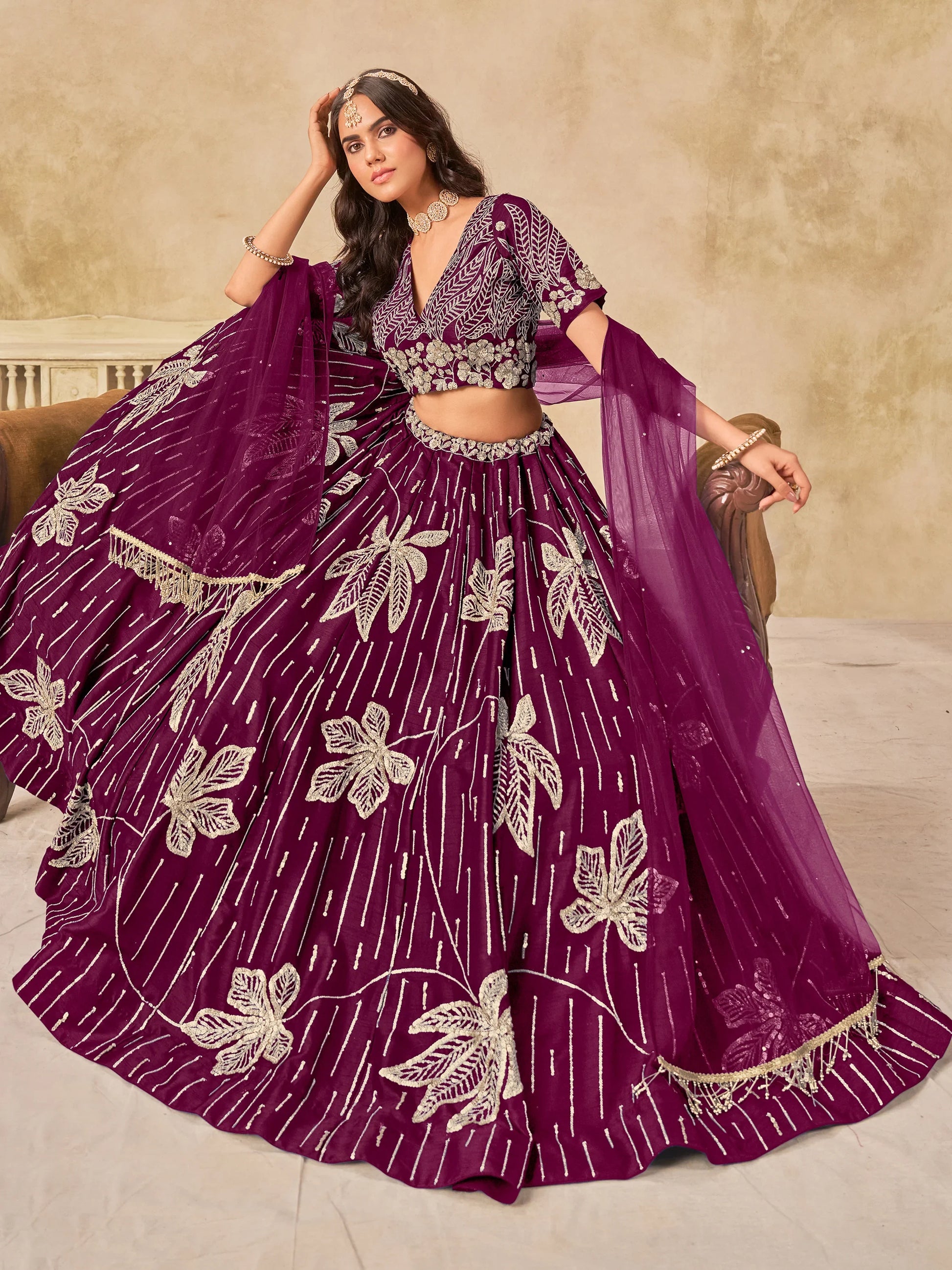 Notable Wine Thread Work Art Silk Wedding Wear Lehenga With Blouse