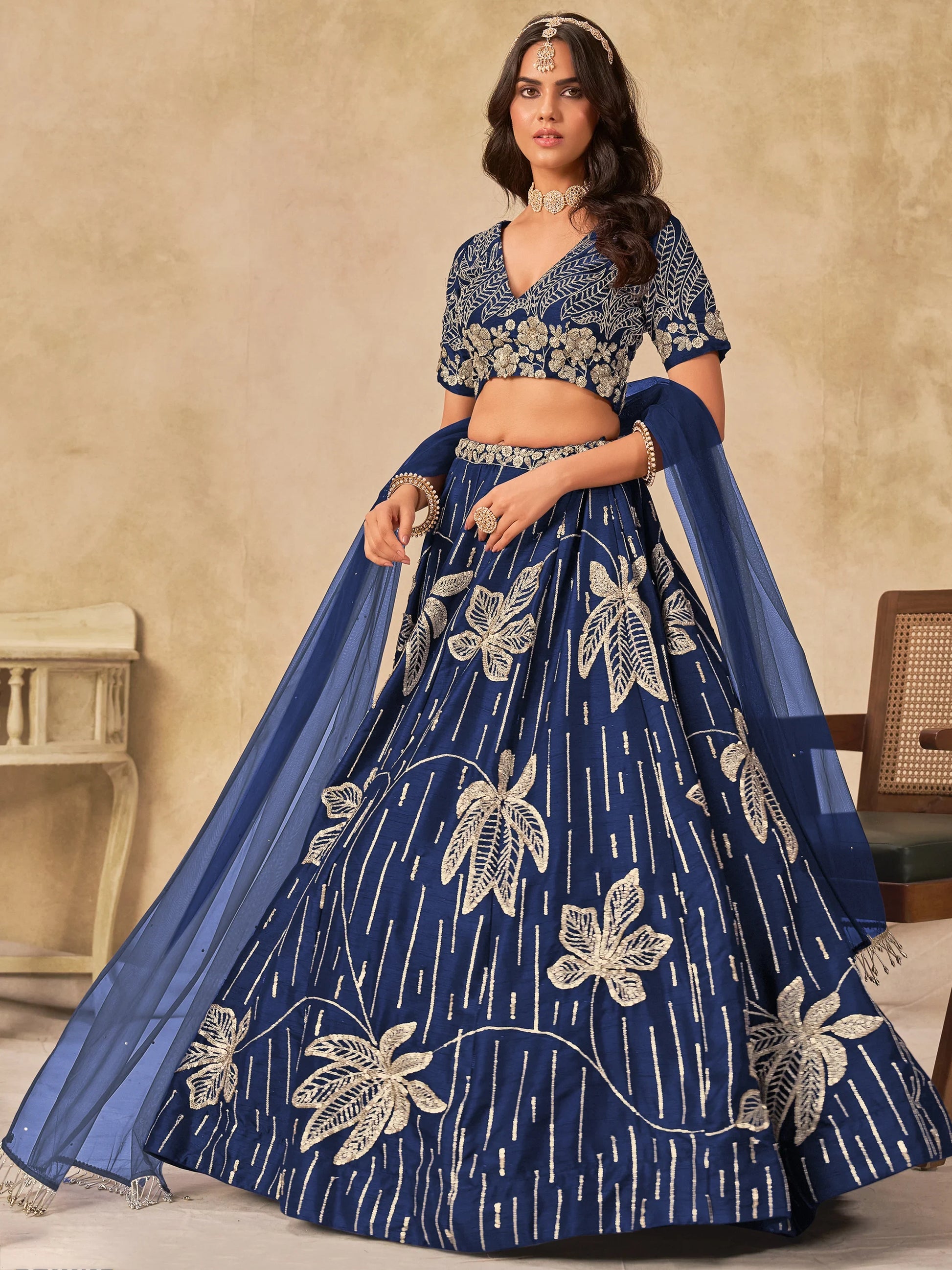 Momentous Navy Blue Embroidered Art Silk Event Wear Lehenga Choli
