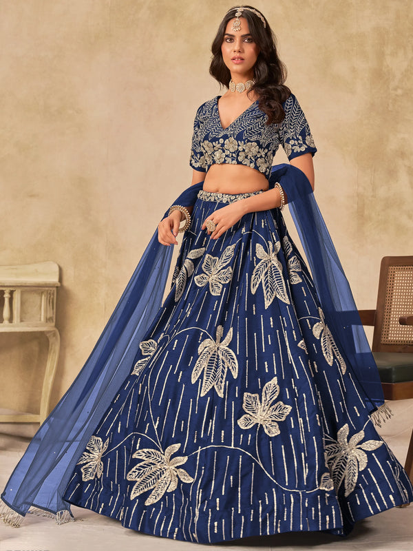 Momentous Navy Blue Embroidered Art Silk Event Wear Lehenga Choli