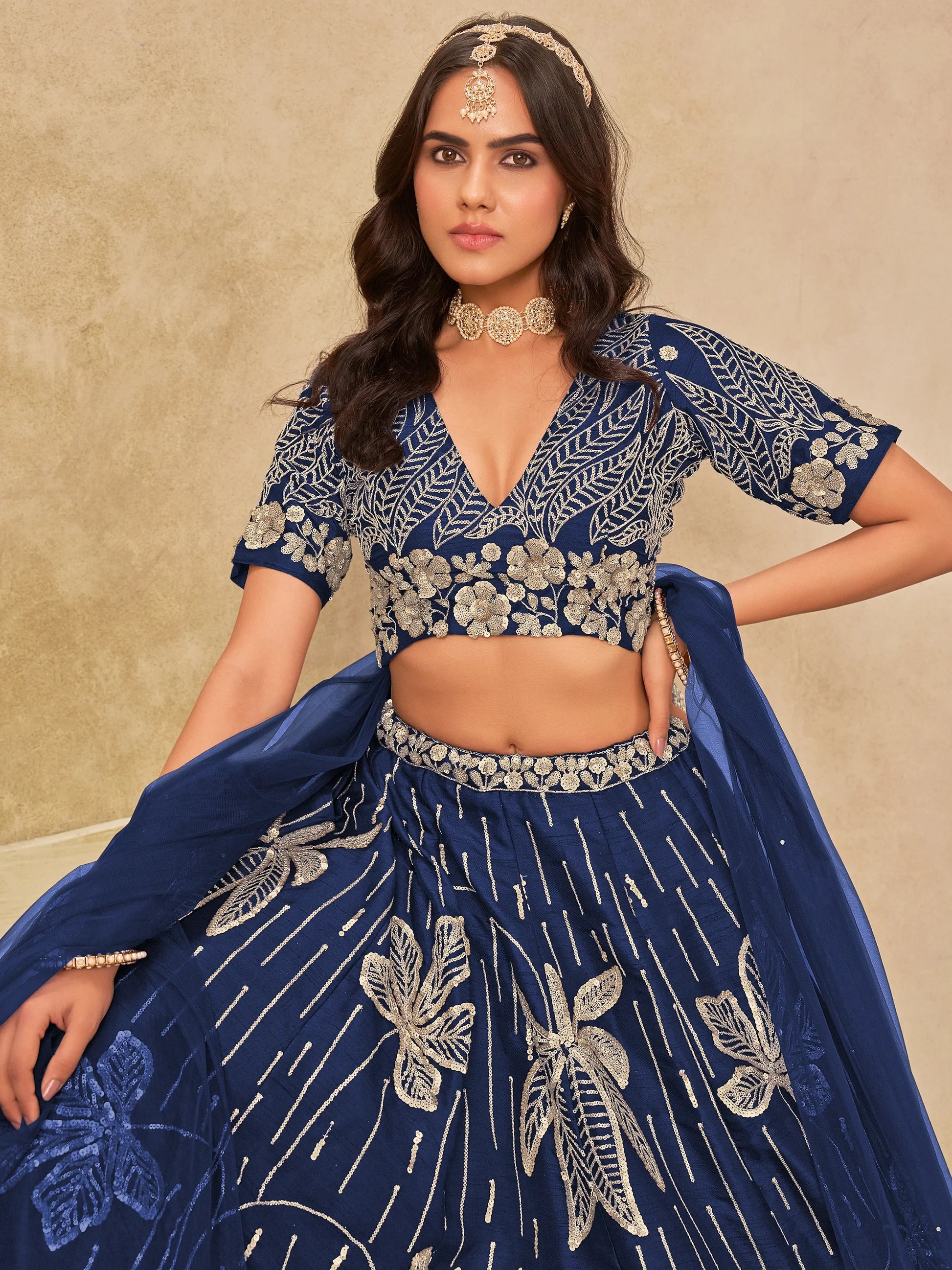 Momentous Navy Blue Embroidered Art Silk Event Wear Lehenga Choli