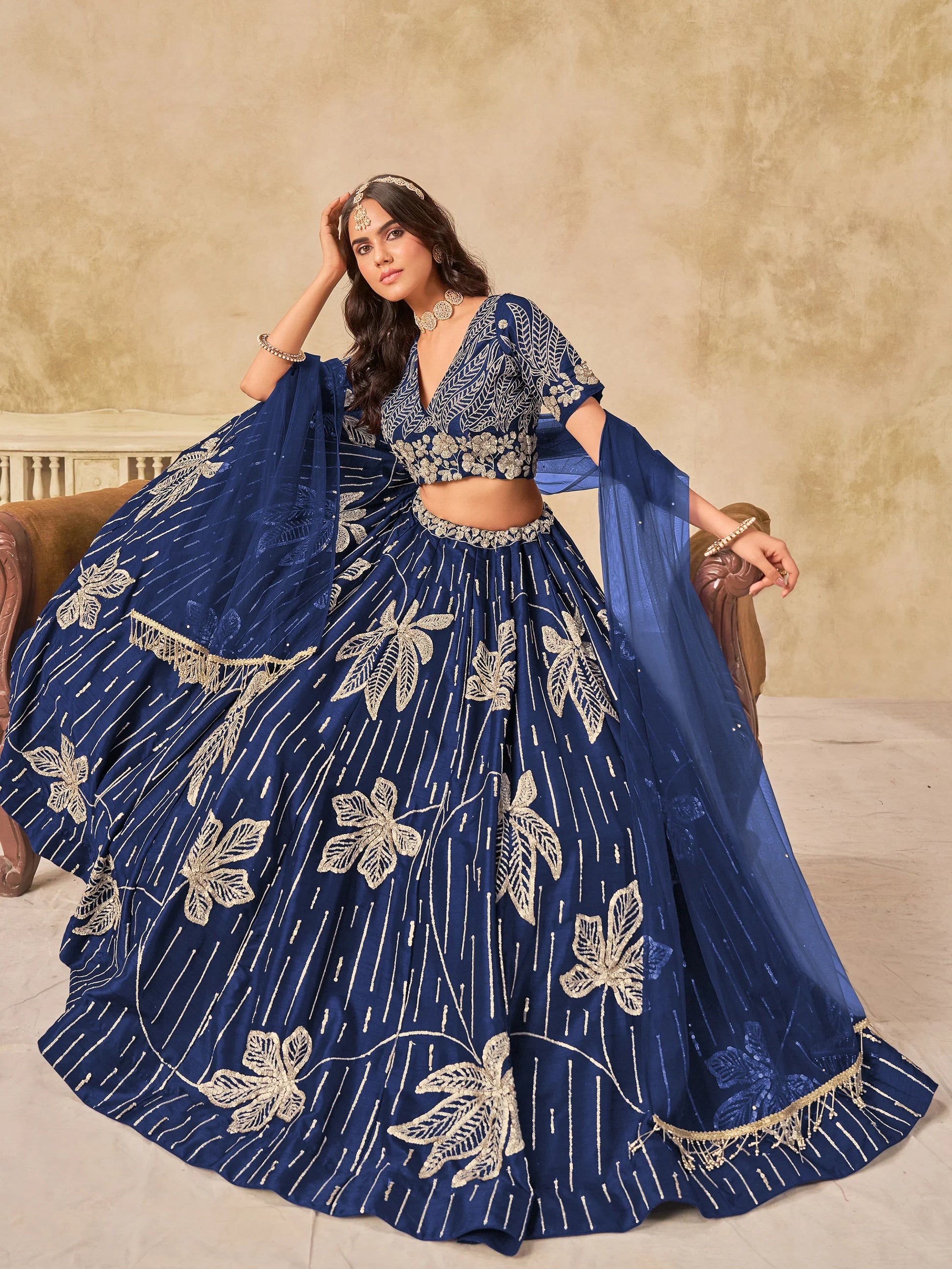 Momentous Navy Blue Embroidered Art Silk Event Wear Lehenga Choli