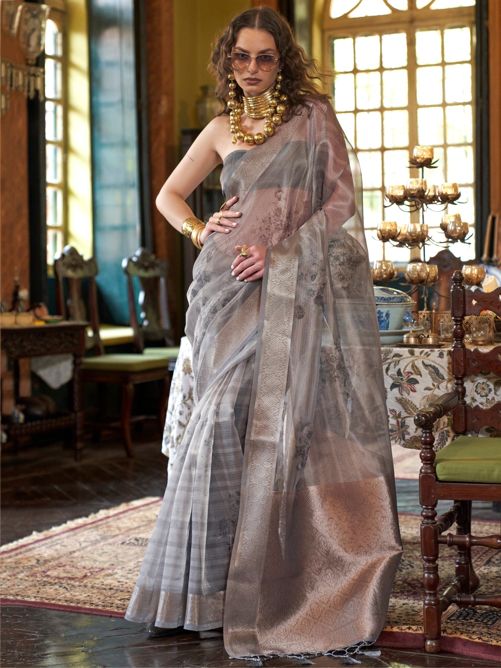 Graceful Grey Zari Weaving Organza Function Wear Saree With Blouse