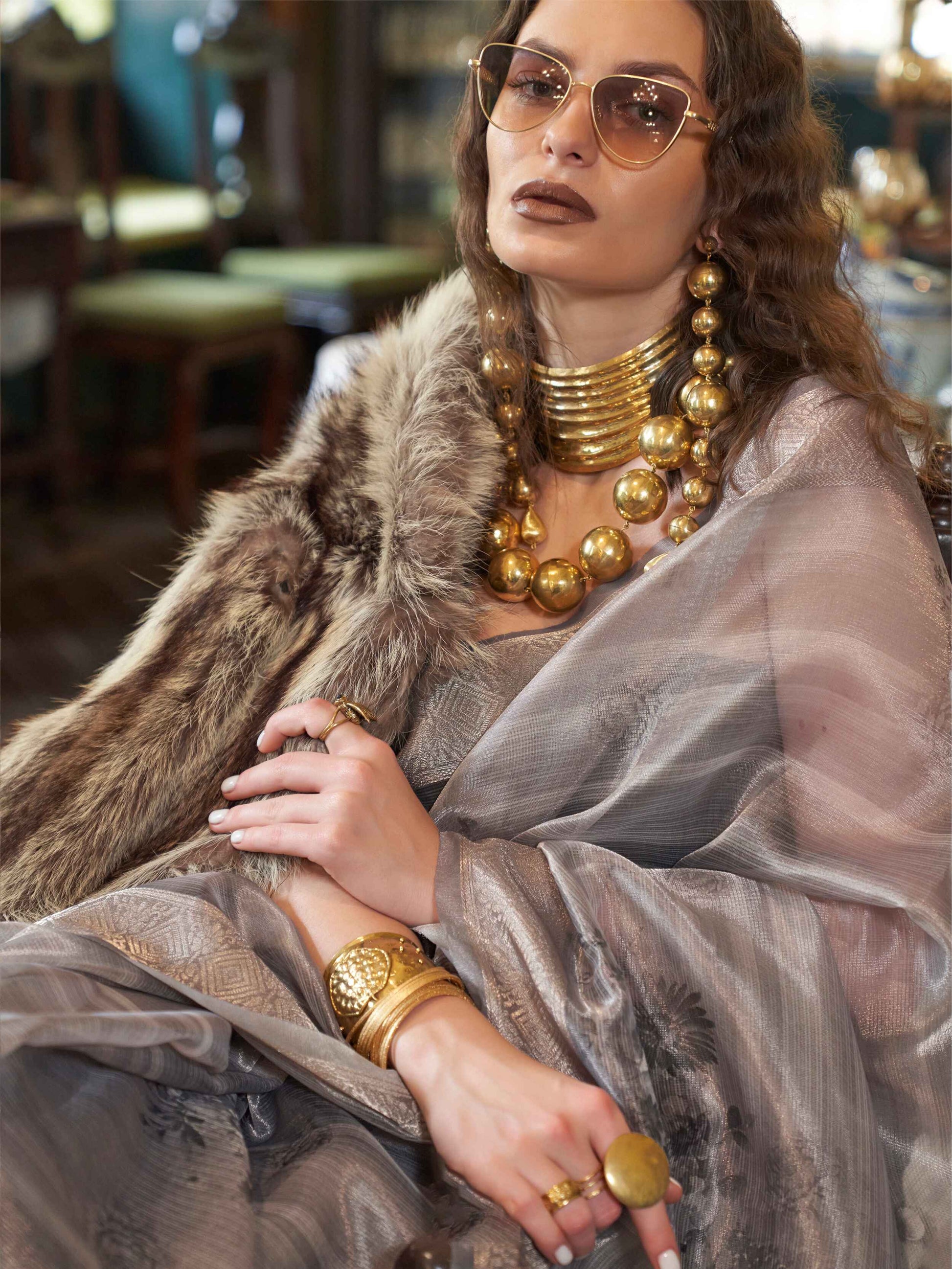 Graceful Grey Zari Weaving Organza Function Wear Saree With Blouse