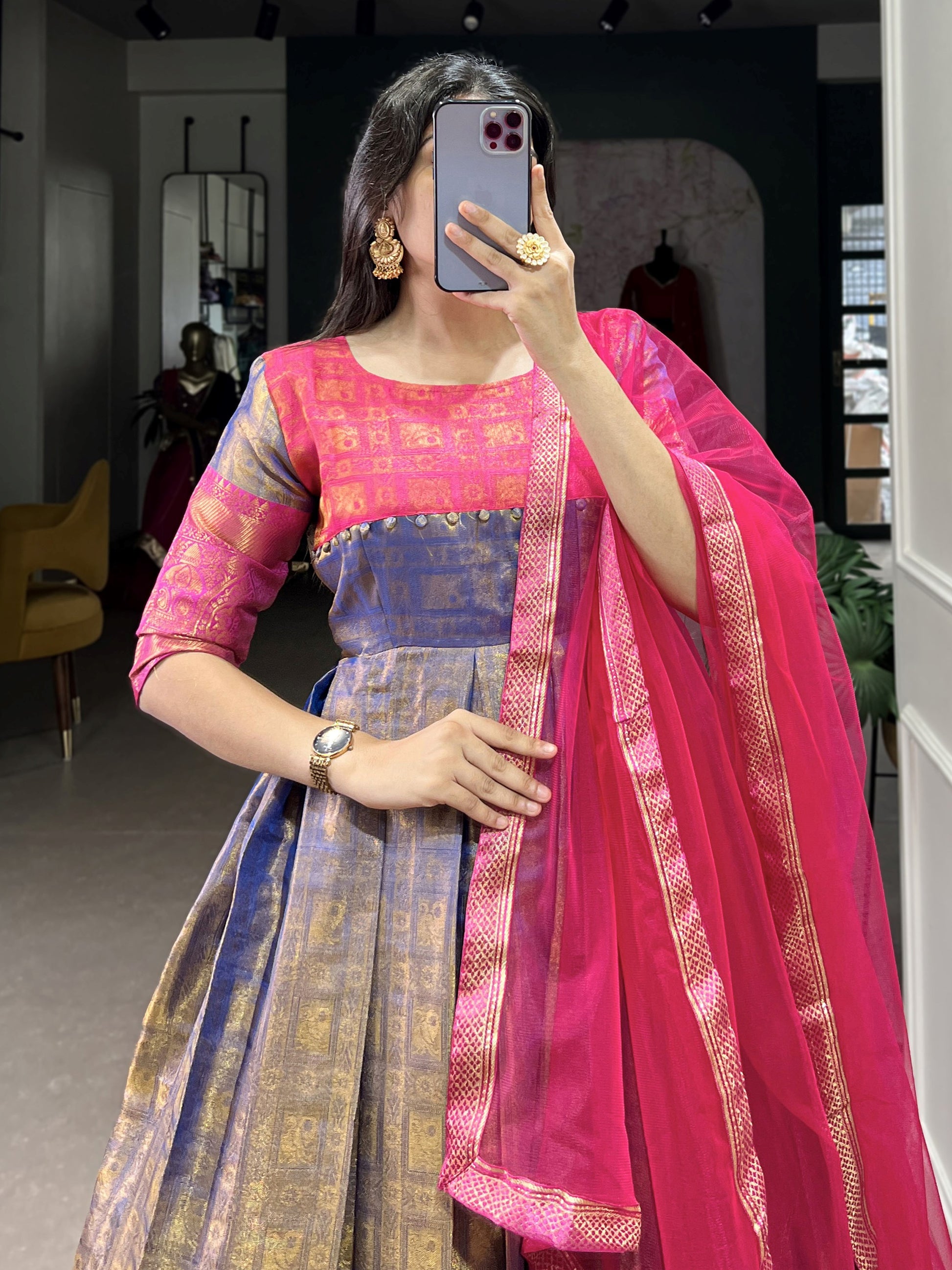 Awesome Pink Zari Weaving Kanjivaram  Festive Wear Gown With Dupatta