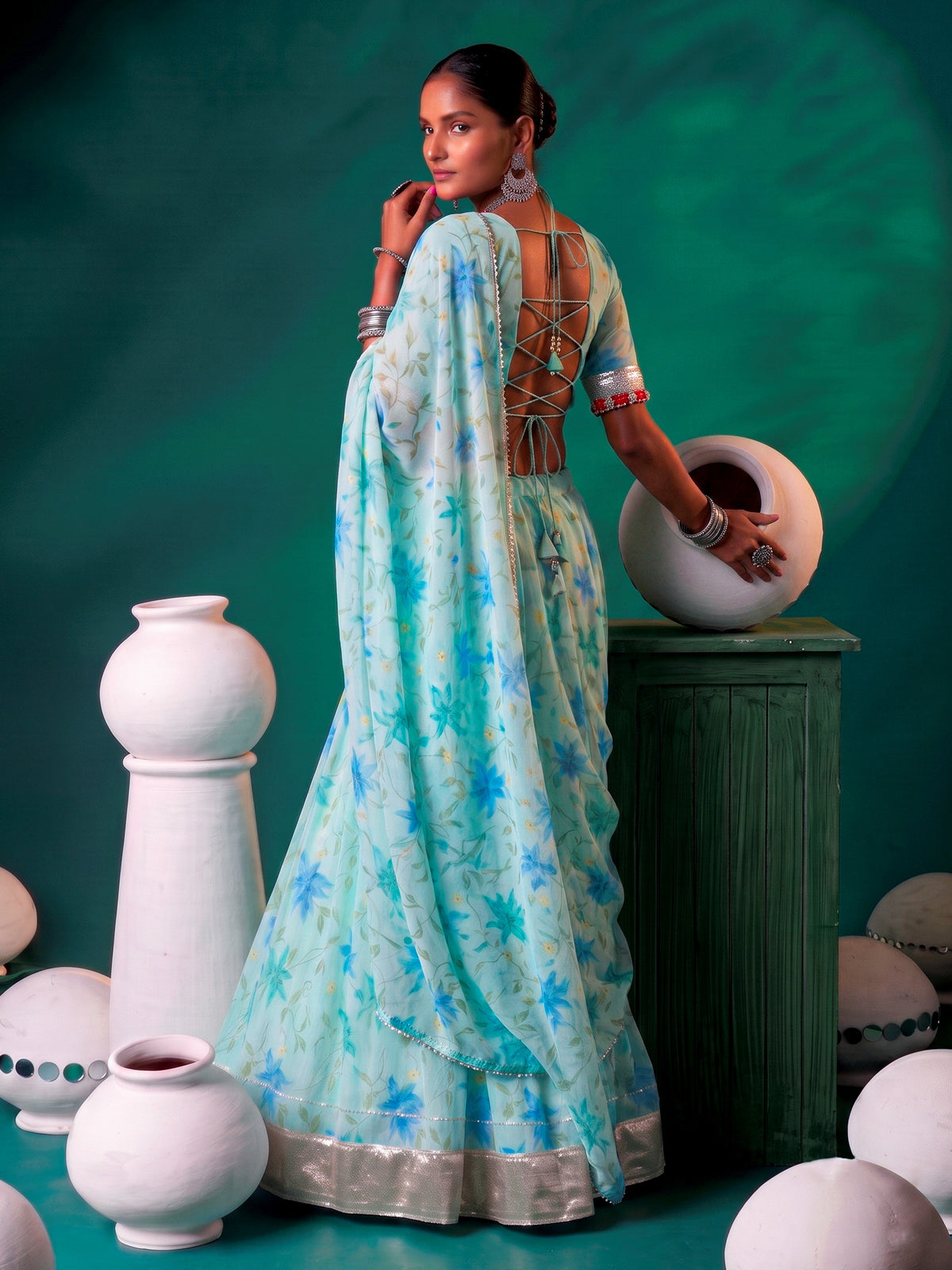 Radiant Aqua Blue Floral Print Silk Festival Wear Lehenga Choli
