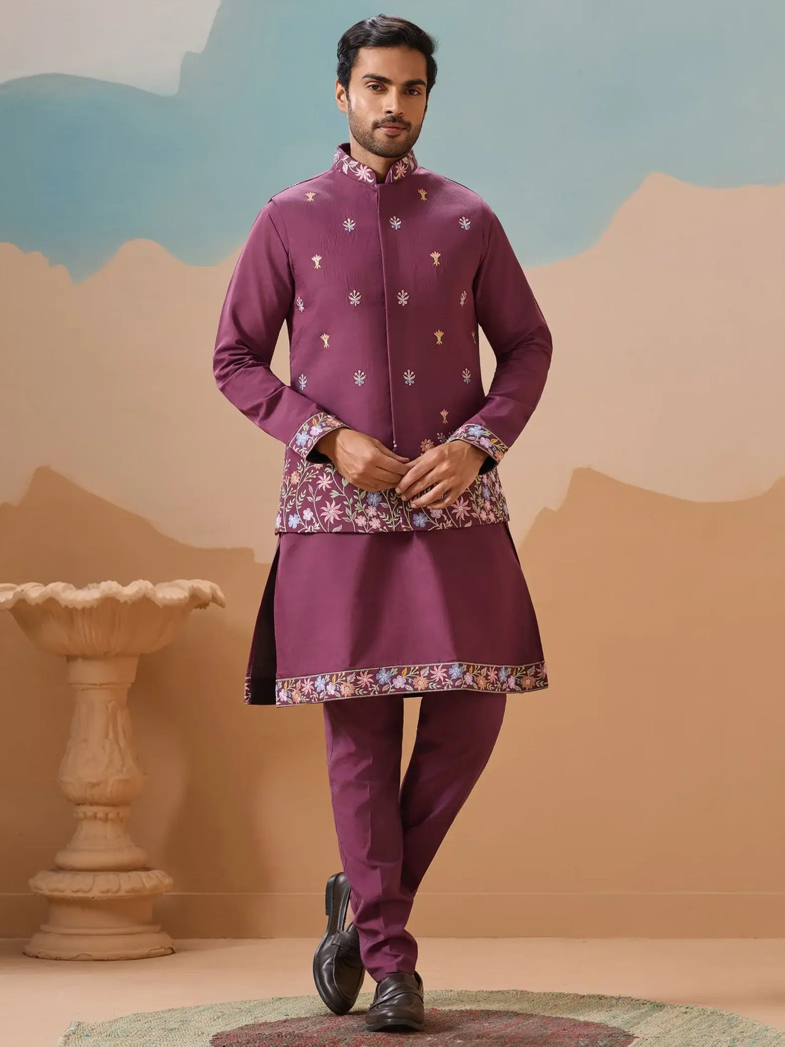 Excellent Dusty Purple Embroidered Viscose Silk Reception Wear Men Kurta Set With Jacket