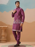 Excellent Dusty Purple Embroidered Viscose Silk Reception Wear Men Kurta Set With Jacket