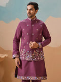 Excellent Dusty Purple Embroidered Viscose Silk Reception Wear Men Kurta Set With Jacket