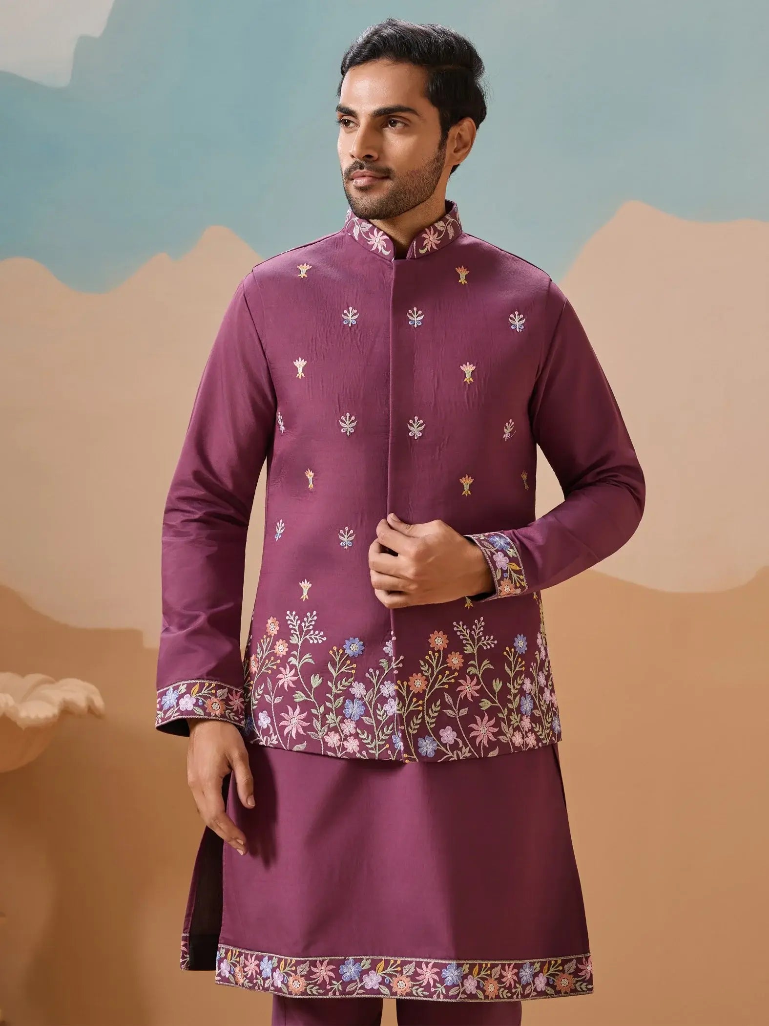 Excellent Dusty Purple Embroidered Viscose Silk Reception Wear Men Kurta Set With Jacket