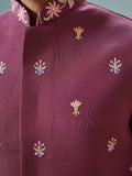 Excellent Dusty Purple Embroidered Viscose Silk Reception Wear Men Kurta Set With Jacket