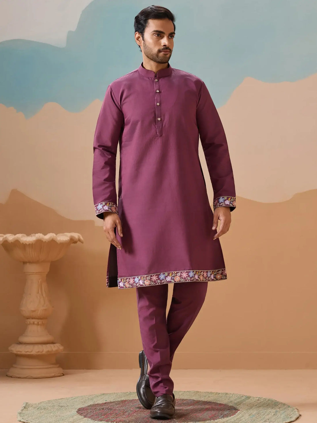 Excellent Dusty Purple Embroidered Viscose Silk Reception Wear Men Kurta Set With Jacket