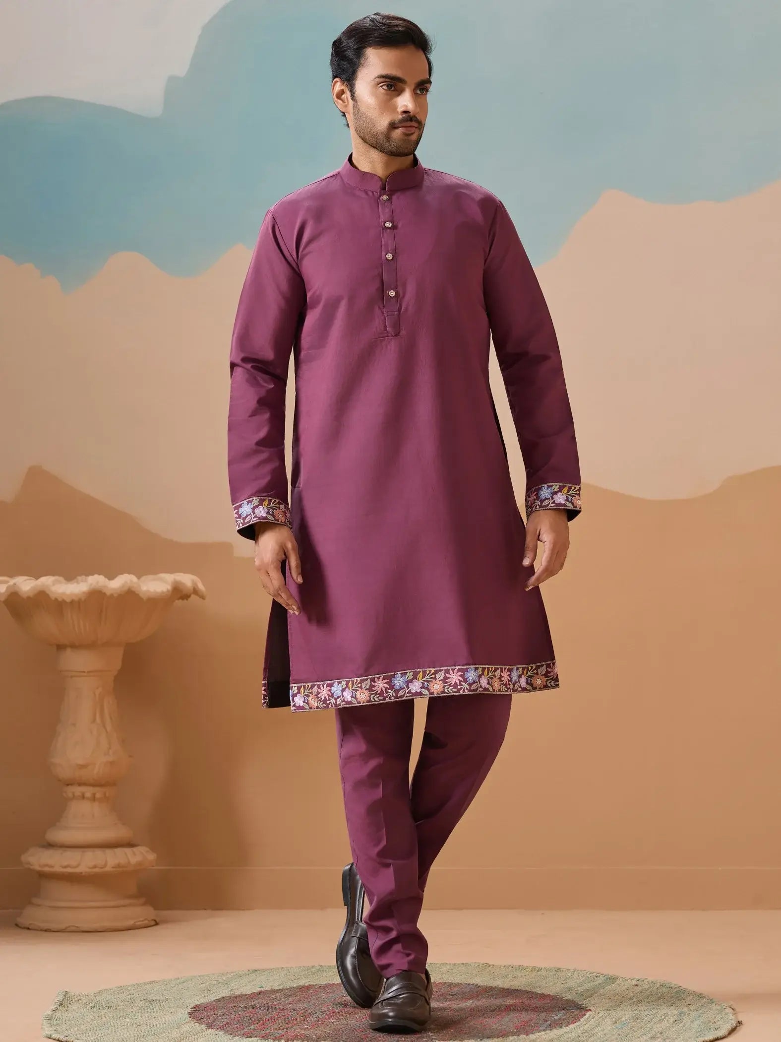 Excellent Dusty Purple Embroidered Viscose Silk Reception Wear Men Kurta Set With Jacket