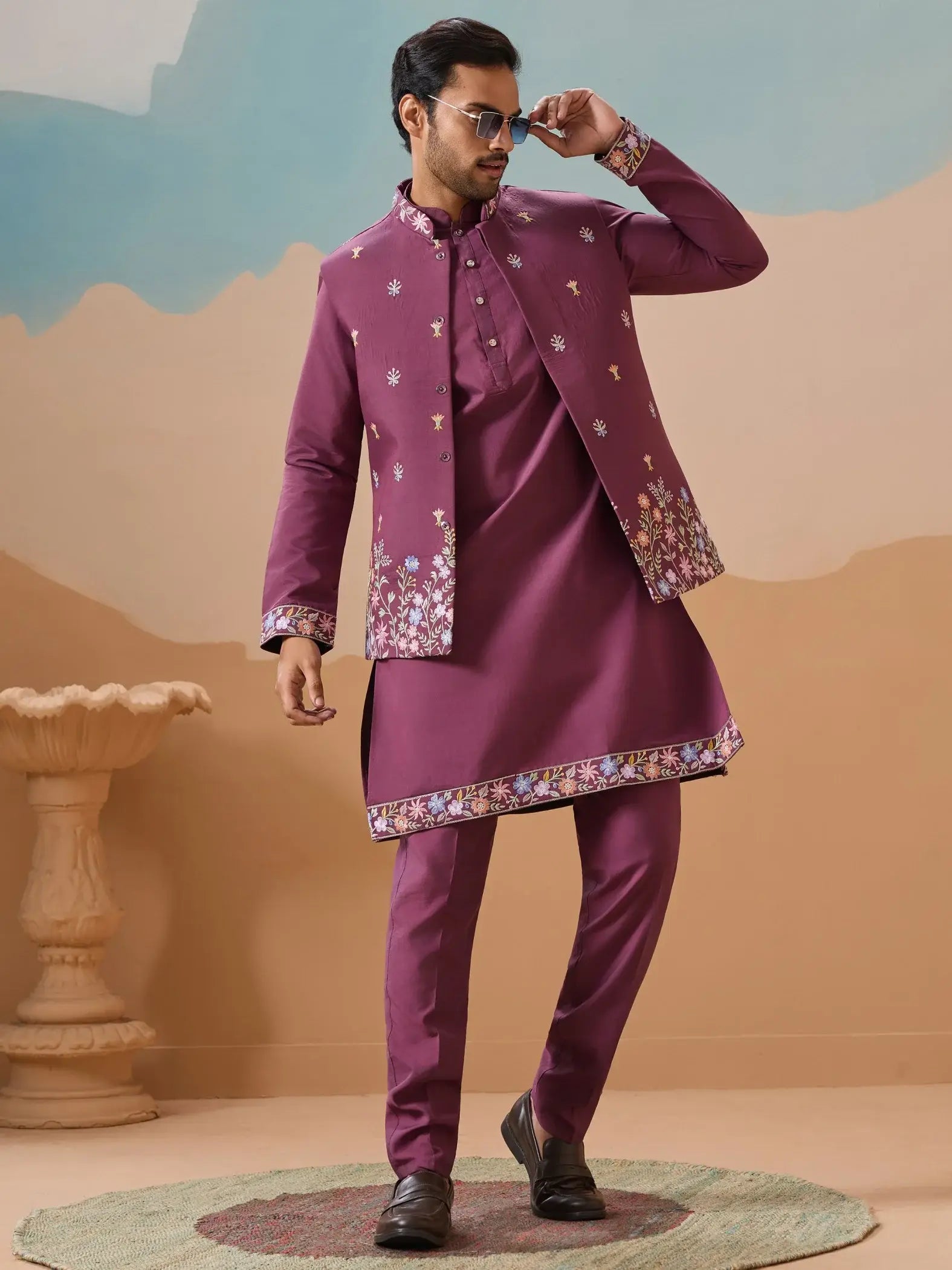 Excellent Dusty Purple Embroidered Viscose Silk Reception Wear Men Kurta Set With Jacket