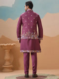 Excellent Dusty Purple Embroidered Viscose Silk Reception Wear Men Kurta Set With Jacket