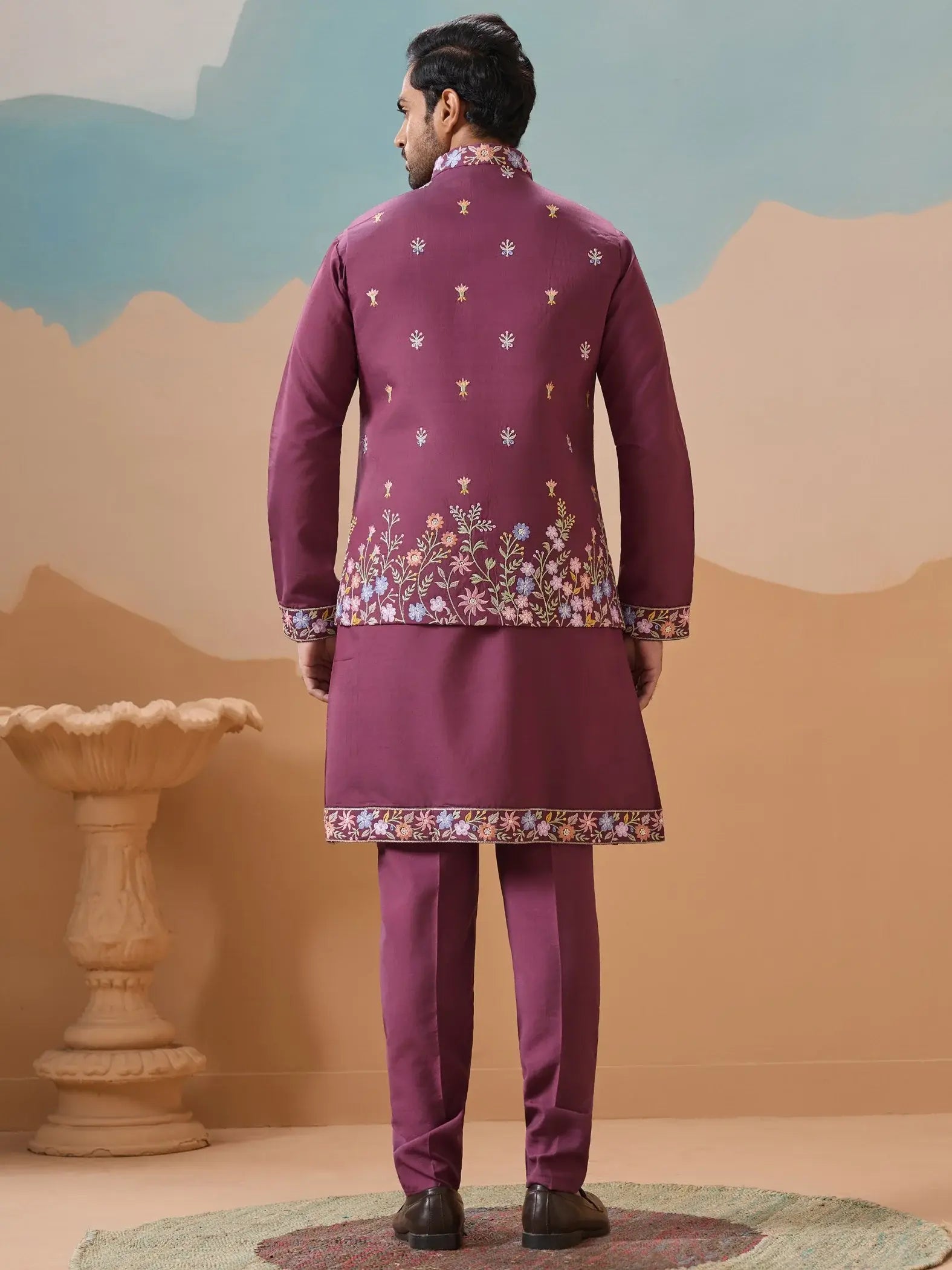 Excellent Dusty Purple Embroidered Viscose Silk Reception Wear Men Kurta Set With Jacket