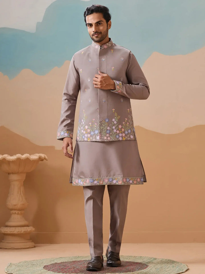 Outstanding Grey Floral Embroidery Viscose Silk Wedding Wear Men Kurta Set With Jacket