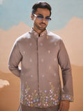Outstanding Grey Floral Embroidery Viscose Silk Wedding Wear Men Kurta Set With Jacket