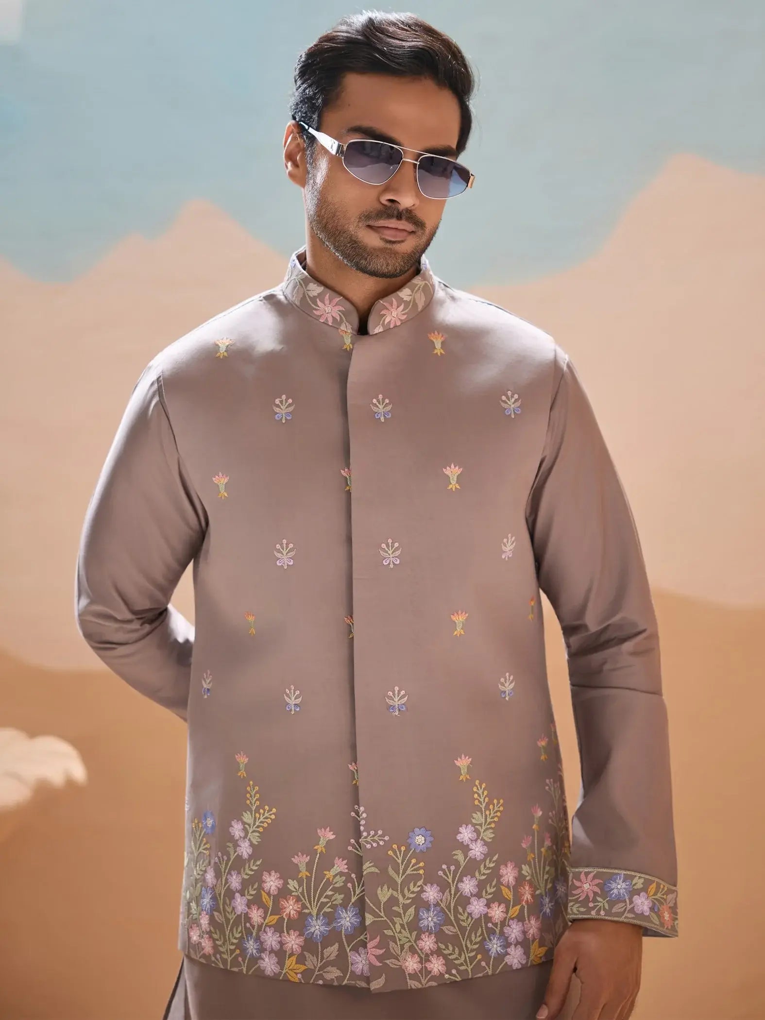 Outstanding Grey Floral Embroidery Viscose Silk Wedding Wear Men Kurta Set With Jacket
