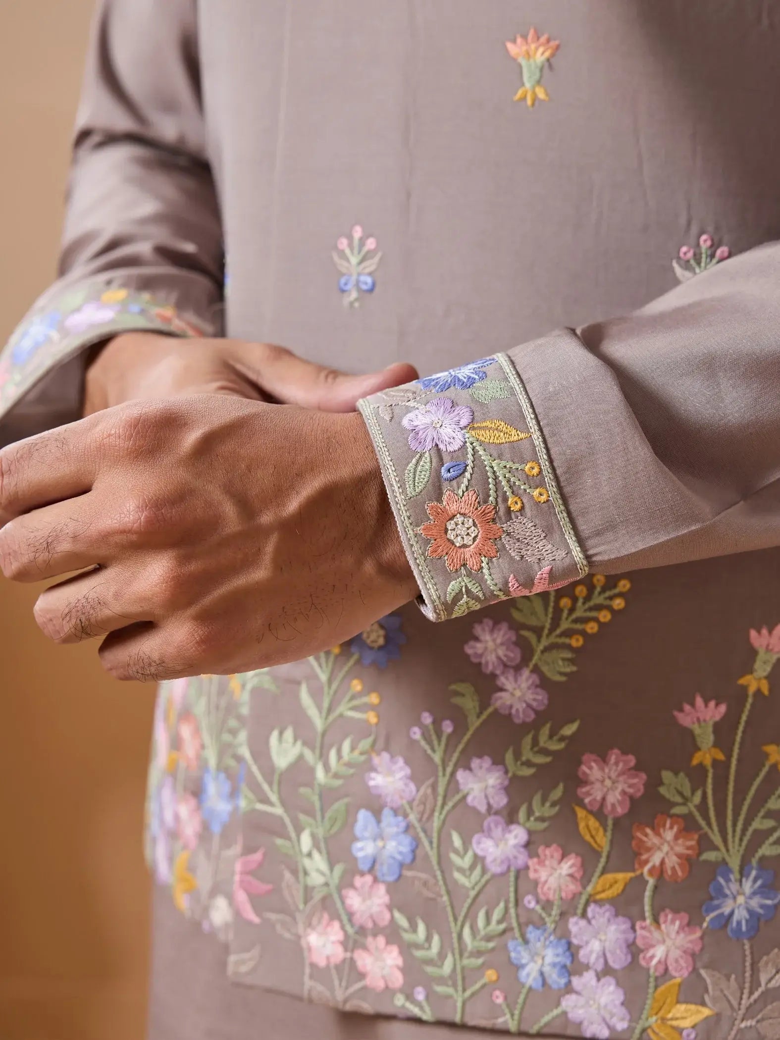 Outstanding Grey Floral Embroidery Viscose Silk Wedding Wear Men Kurta Set With Jacket