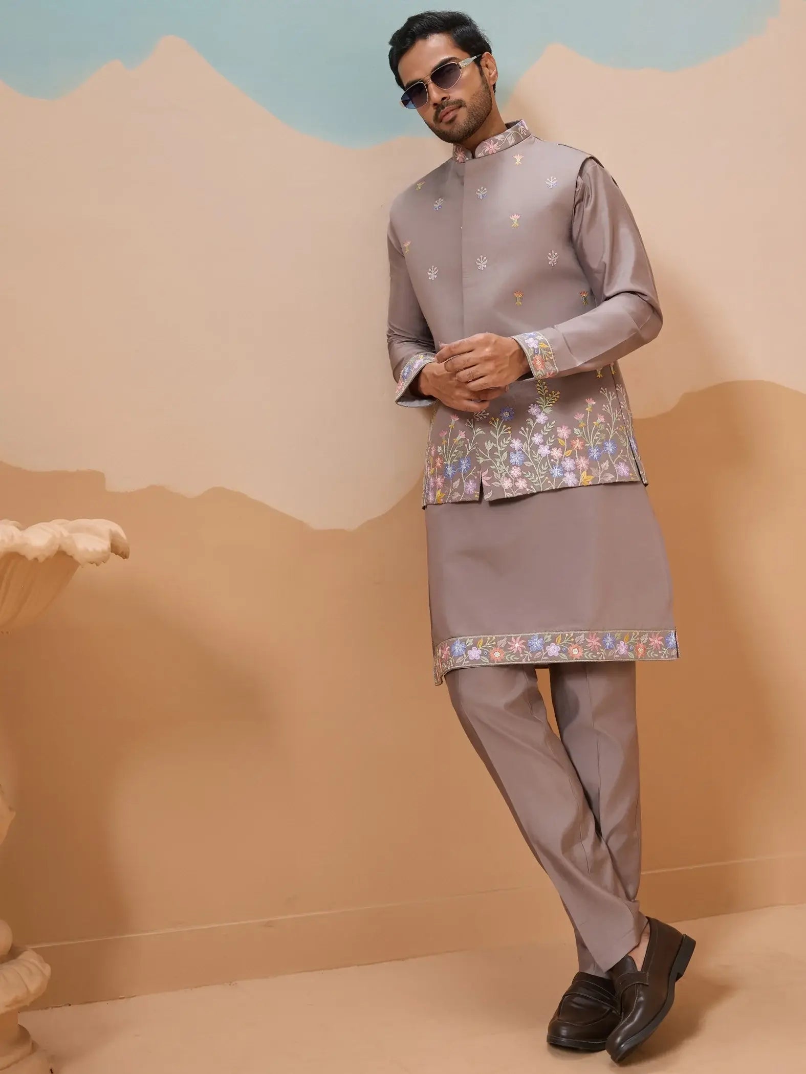 Outstanding Grey Floral Embroidery Viscose Silk Wedding Wear Men Kurta Set With Jacket