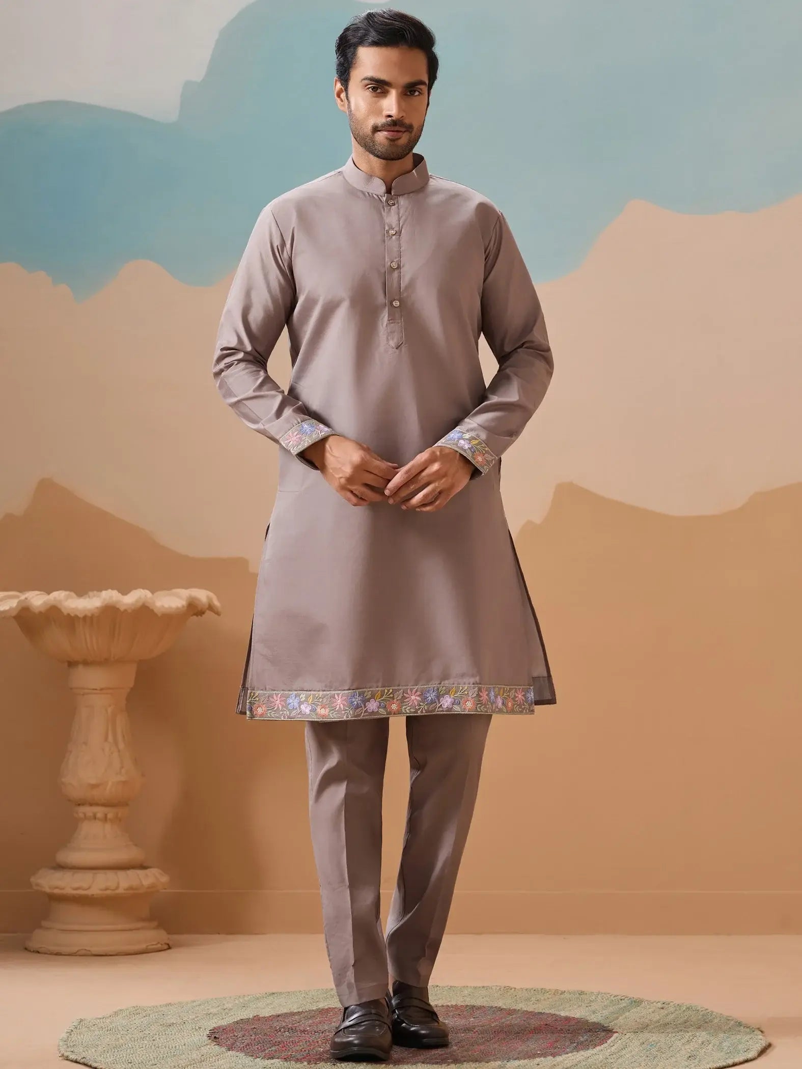 Outstanding Grey Floral Embroidery Viscose Silk Wedding Wear Men Kurta Set With Jacket