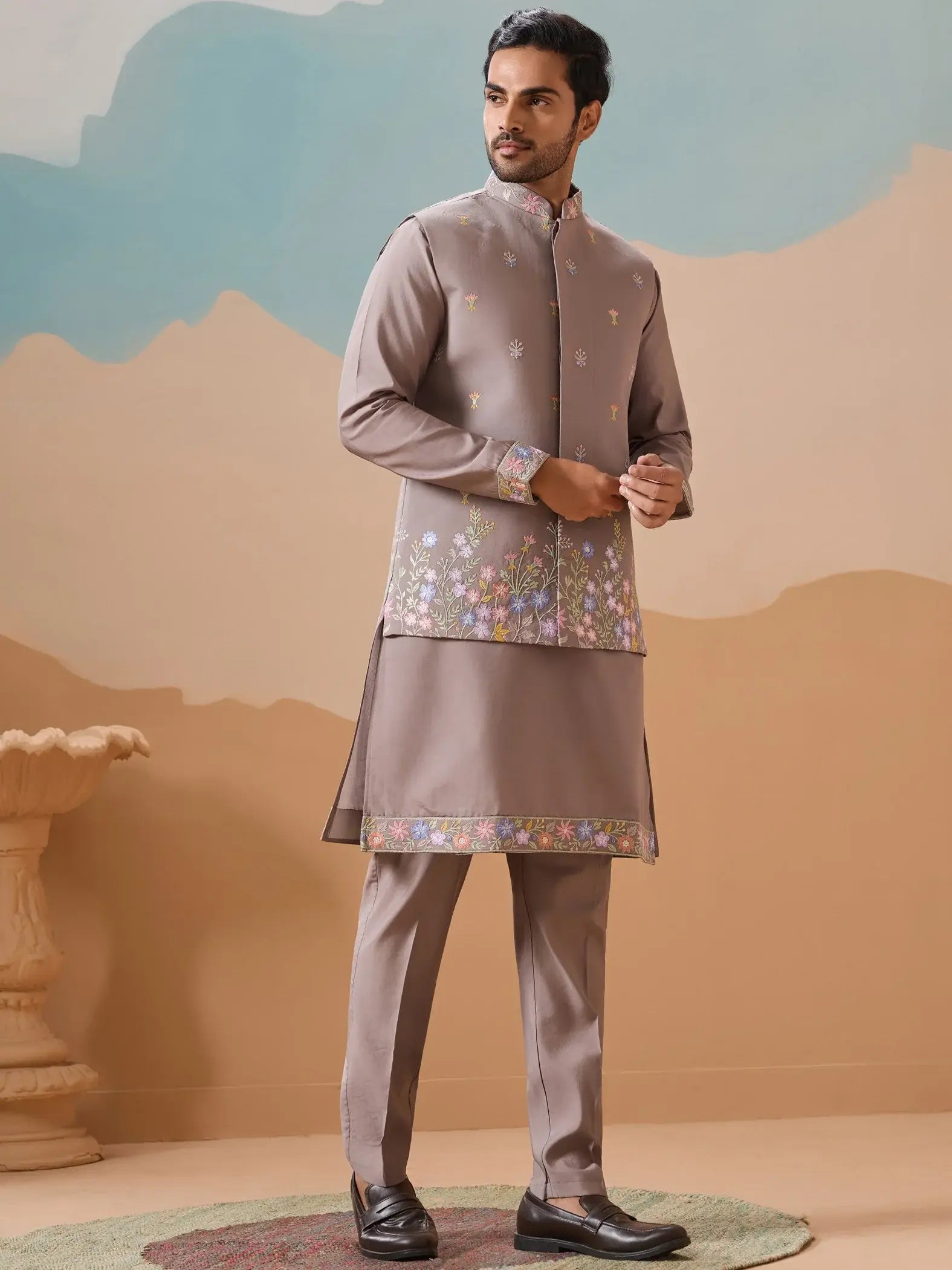 Outstanding Grey Floral Embroidery Viscose Silk Wedding Wear Men Kurta Set With Jacket