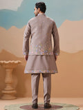Outstanding Grey Floral Embroidery Viscose Silk Wedding Wear Men Kurta Set With Jacket