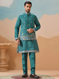 Elegant Teal Green Thread work Viscose Silk Engagement Wear Men Kurta Pant With Jacket