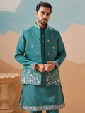 Elegant Teal Green Thread work Viscose Silk Engagement Wear Men Kurta Pant With Jacket