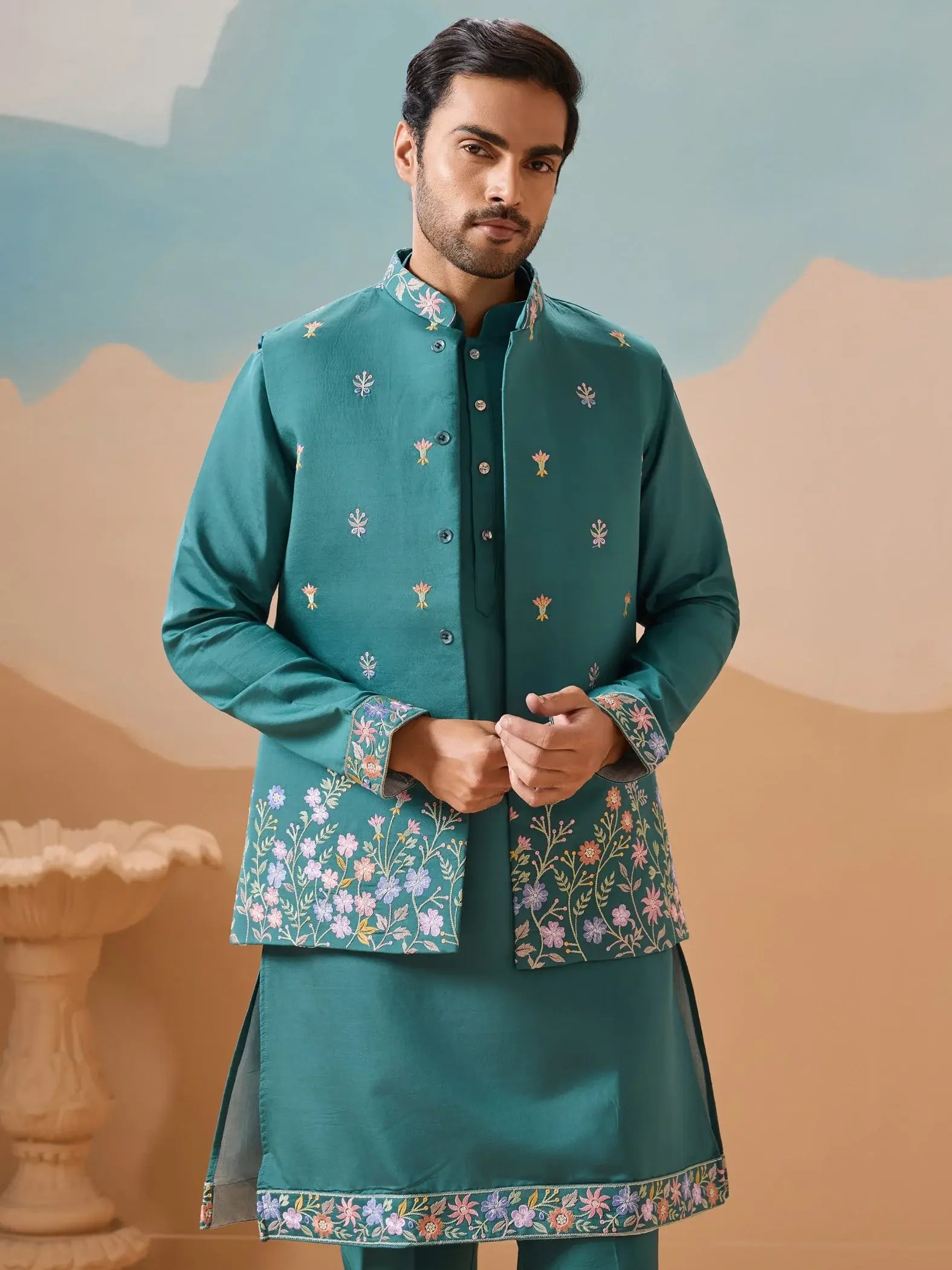 Elegant Teal Green Thread work Viscose Silk Engagement Wear Men Kurta Pant With Jacket