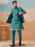 Elegant Teal Green Thread work Viscose Silk Engagement Wear Men Kurta Pant With Jacket