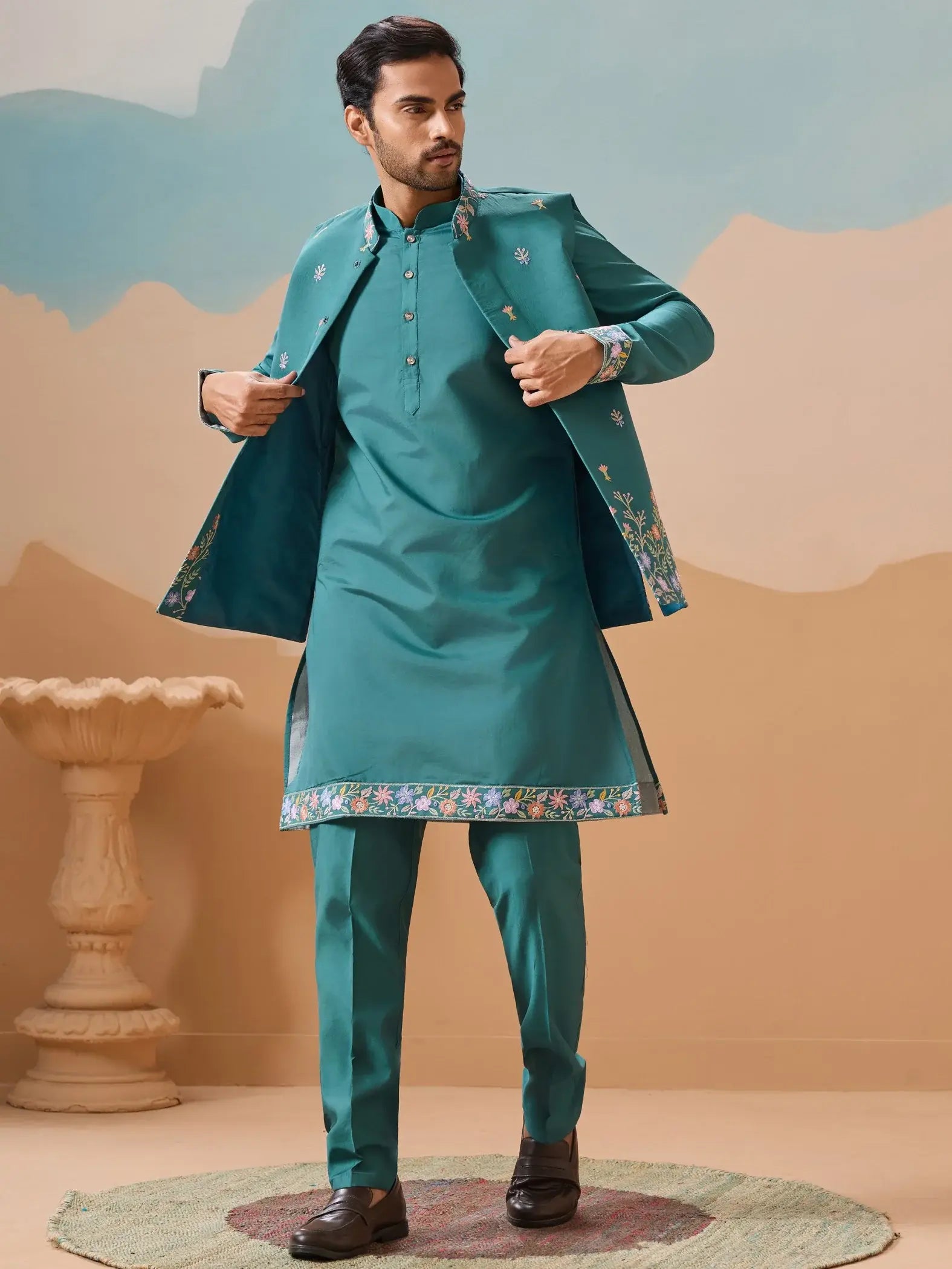 Elegant Teal Green Thread work Viscose Silk Engagement Wear Men Kurta Pant With Jacket