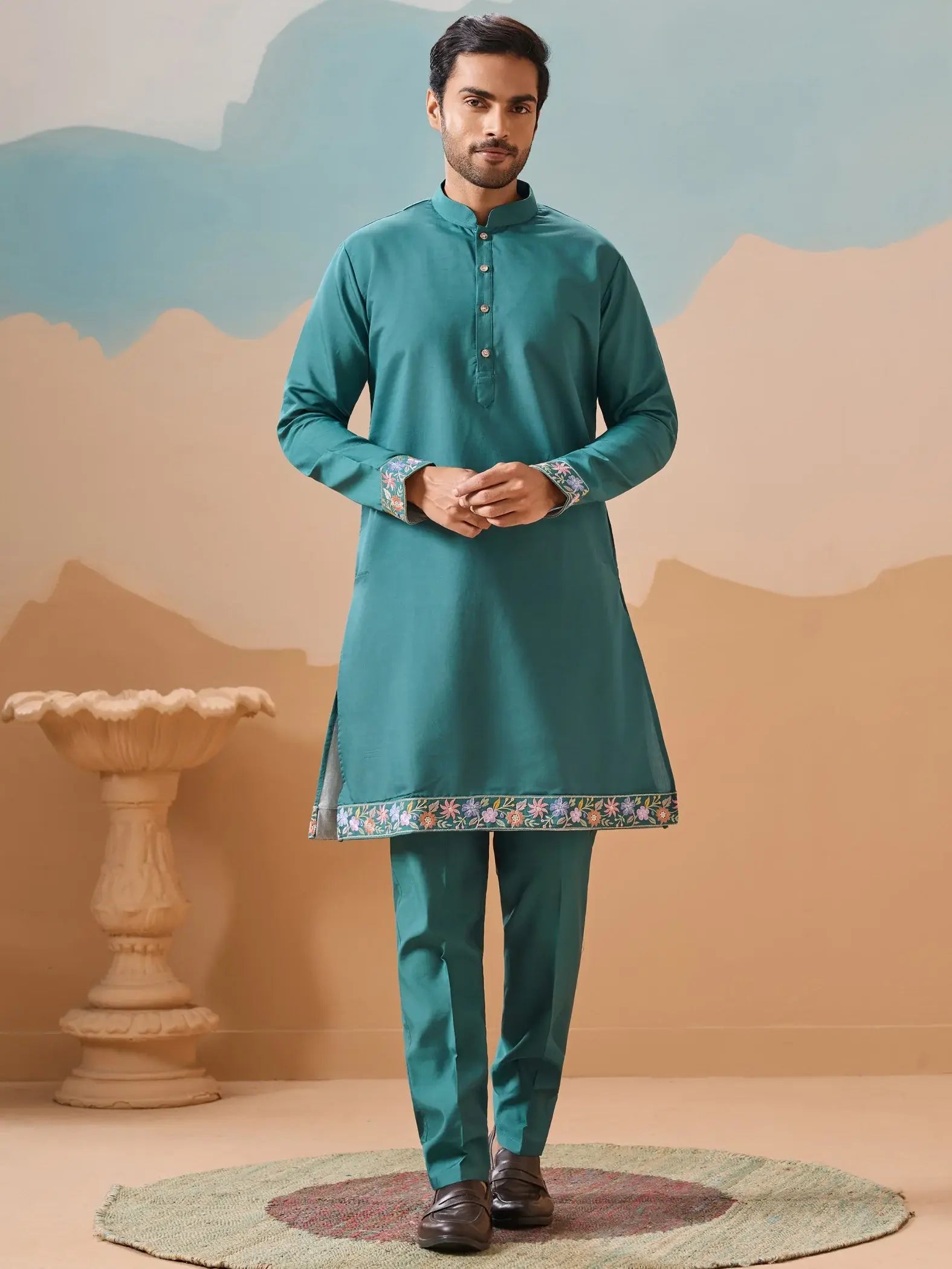 Elegant Teal Green Thread work Viscose Silk Engagement Wear Men Kurta Pant With Jacket
