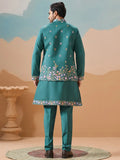 Elegant Teal Green Thread work Viscose Silk Engagement Wear Men Kurta Pant With Jacket