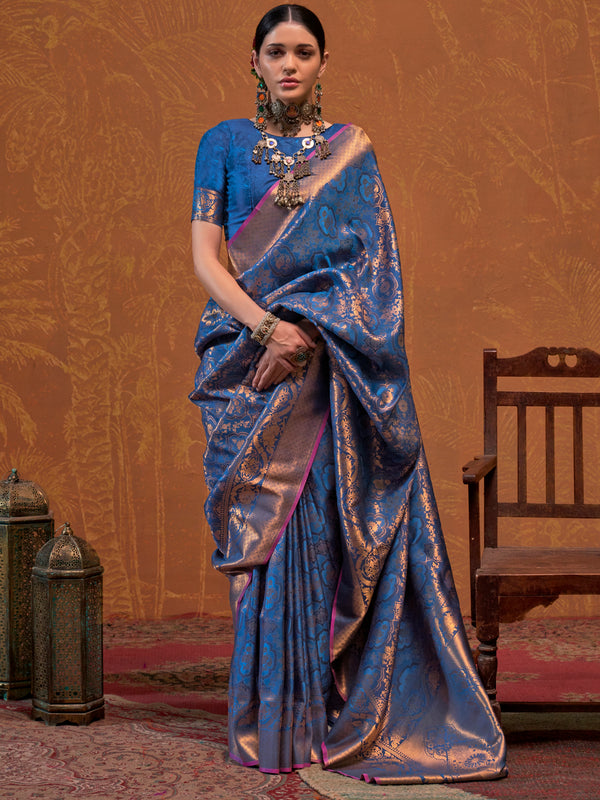 Alluring Blue Zari Weaving Silk Function Wear Saree With Blouse