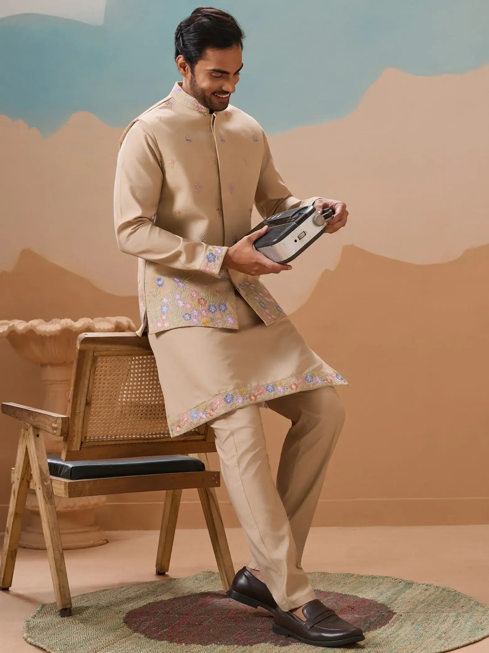 Splendid Beige Floral Work Viscose Silk Festive Wear Men Kurta Set With Jacket