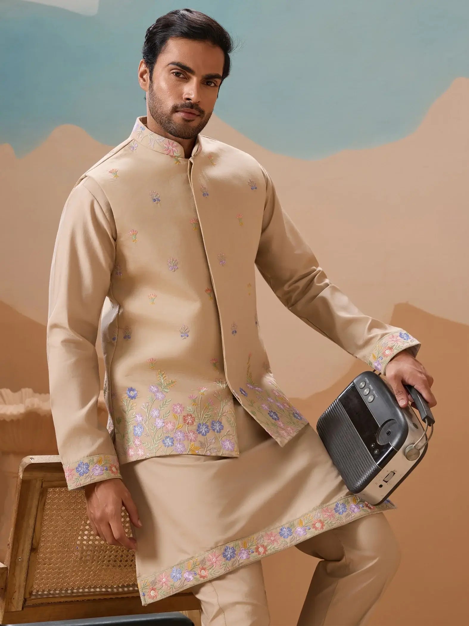 Splendid Beige Floral Work Viscose Silk Festive Wear Men Kurta Set With Jacket