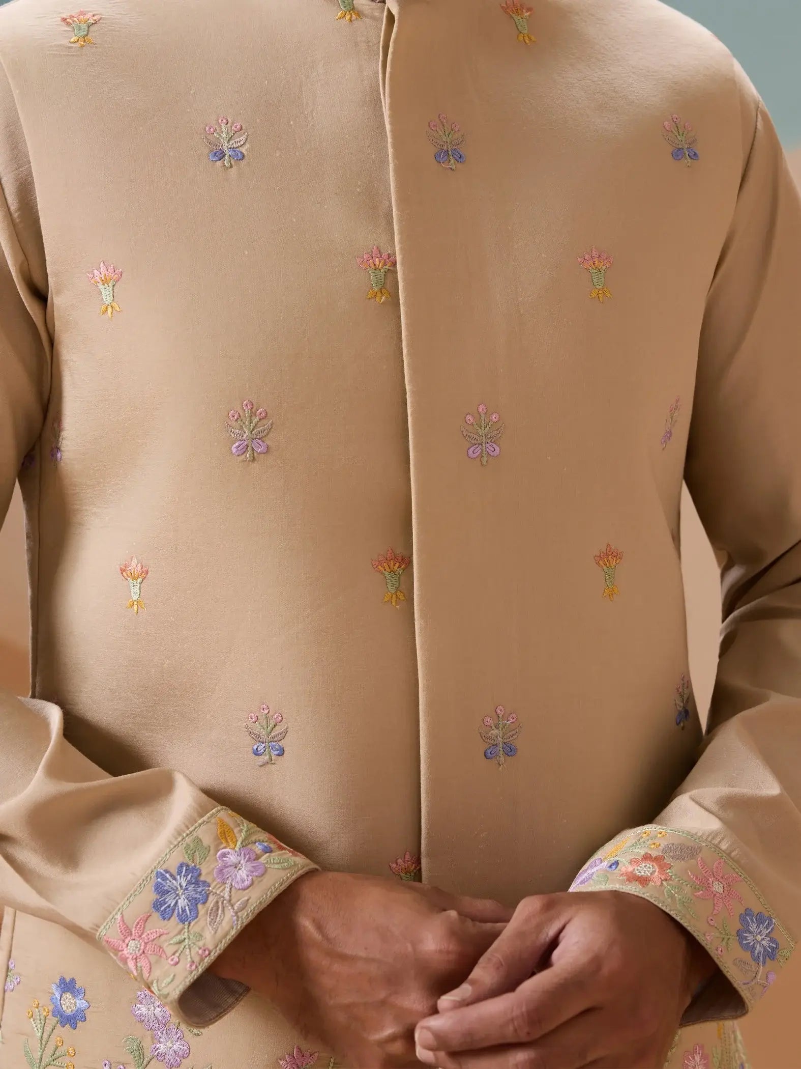 Splendid Beige Floral Work Viscose Silk Festive Wear Men Kurta Set With Jacket