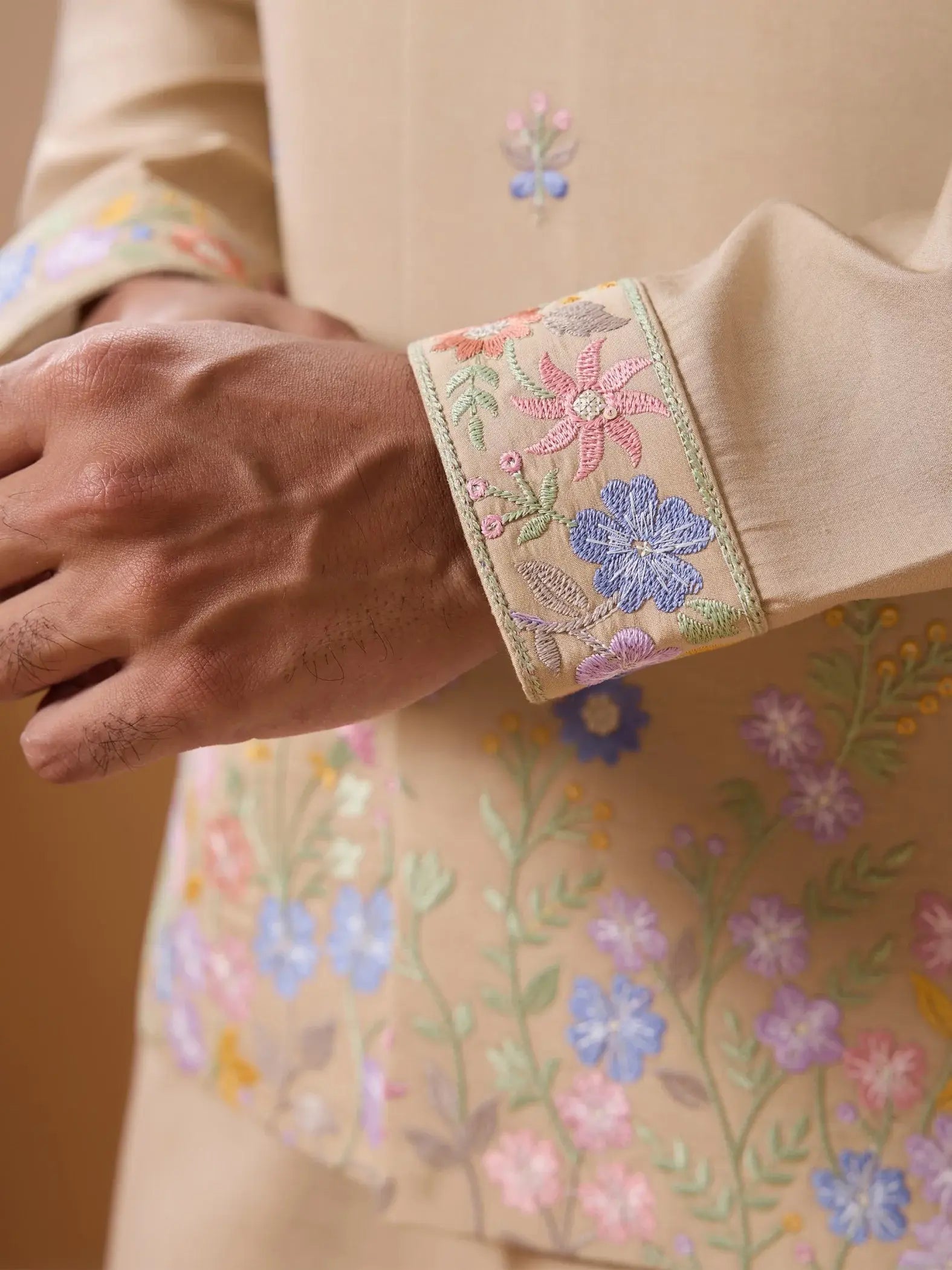 Splendid Beige Floral Work Viscose Silk Festive Wear Men Kurta Set With Jacket