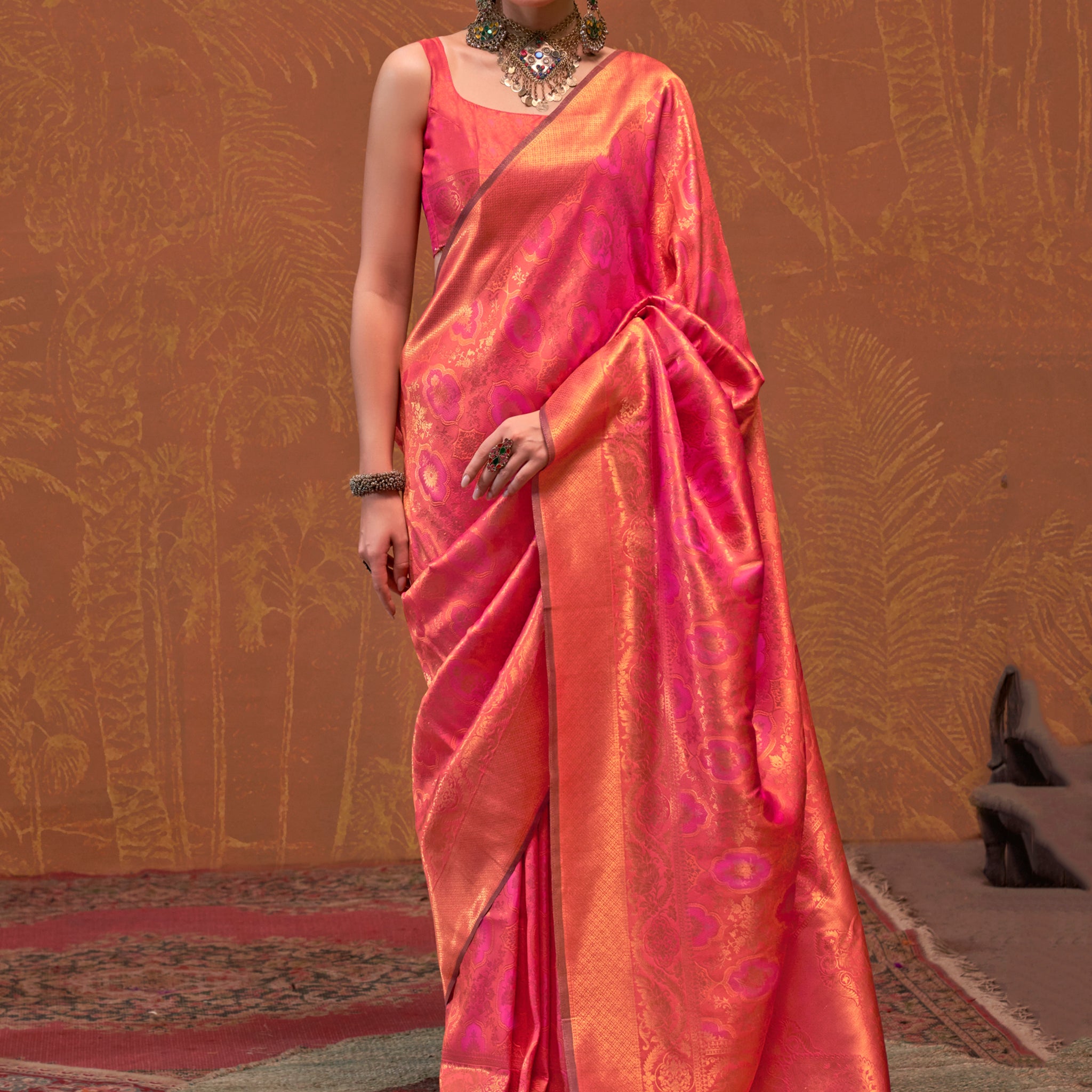 Attractive Pink Zari Weaving Silk Traditional Saree With Blouse