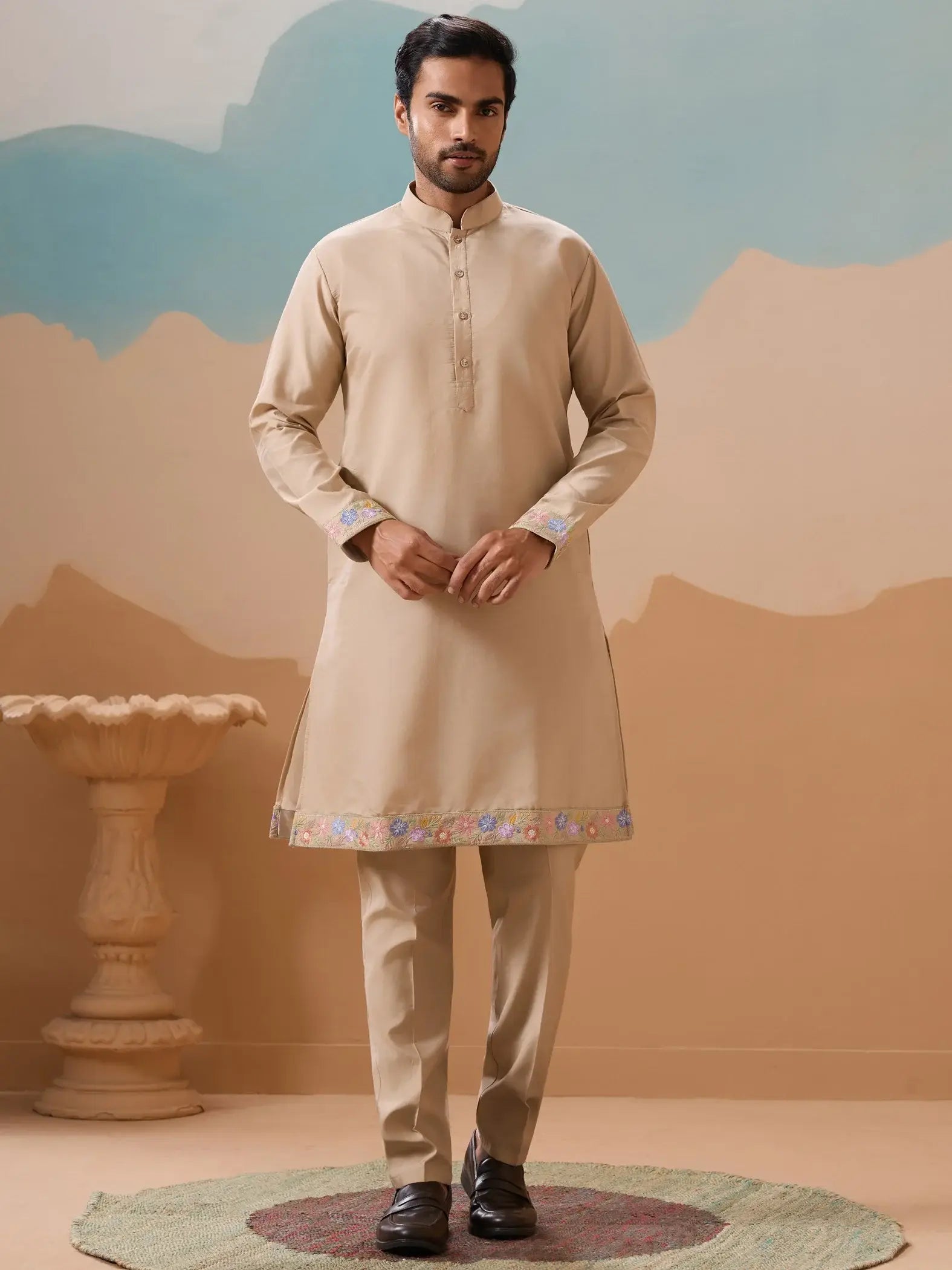 Splendid Beige Floral Work Viscose Silk Festive Wear Men Kurta Set With Jacket