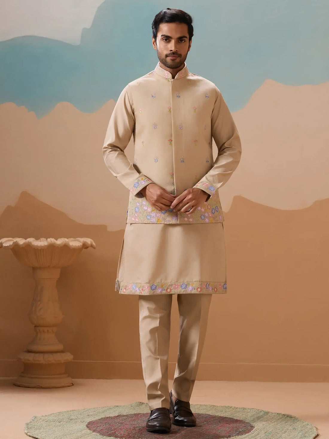 Splendid Beige Floral Work Viscose Silk Festive Wear Men Kurta Set With Jacket