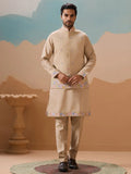 Splendid Beige Floral Work Viscose Silk Festive Wear Men Kurta Set With Jacket