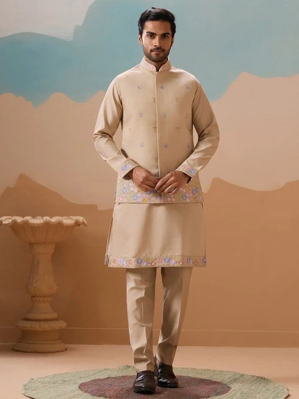 Splendid Beige Floral Work Viscose Silk Festive Wear Men Kurta Set With Jacket