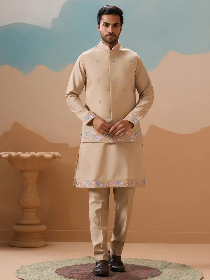 Splendid Beige Floral Work Viscose Silk Festive Wear Men Kurta Set With Jacket