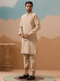 Splendid Beige Floral Work Viscose Silk Festive Wear Men Kurta Set With Jacket