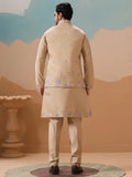 Splendid Beige Floral Work Viscose Silk Festive Wear Men Kurta Set With Jacket