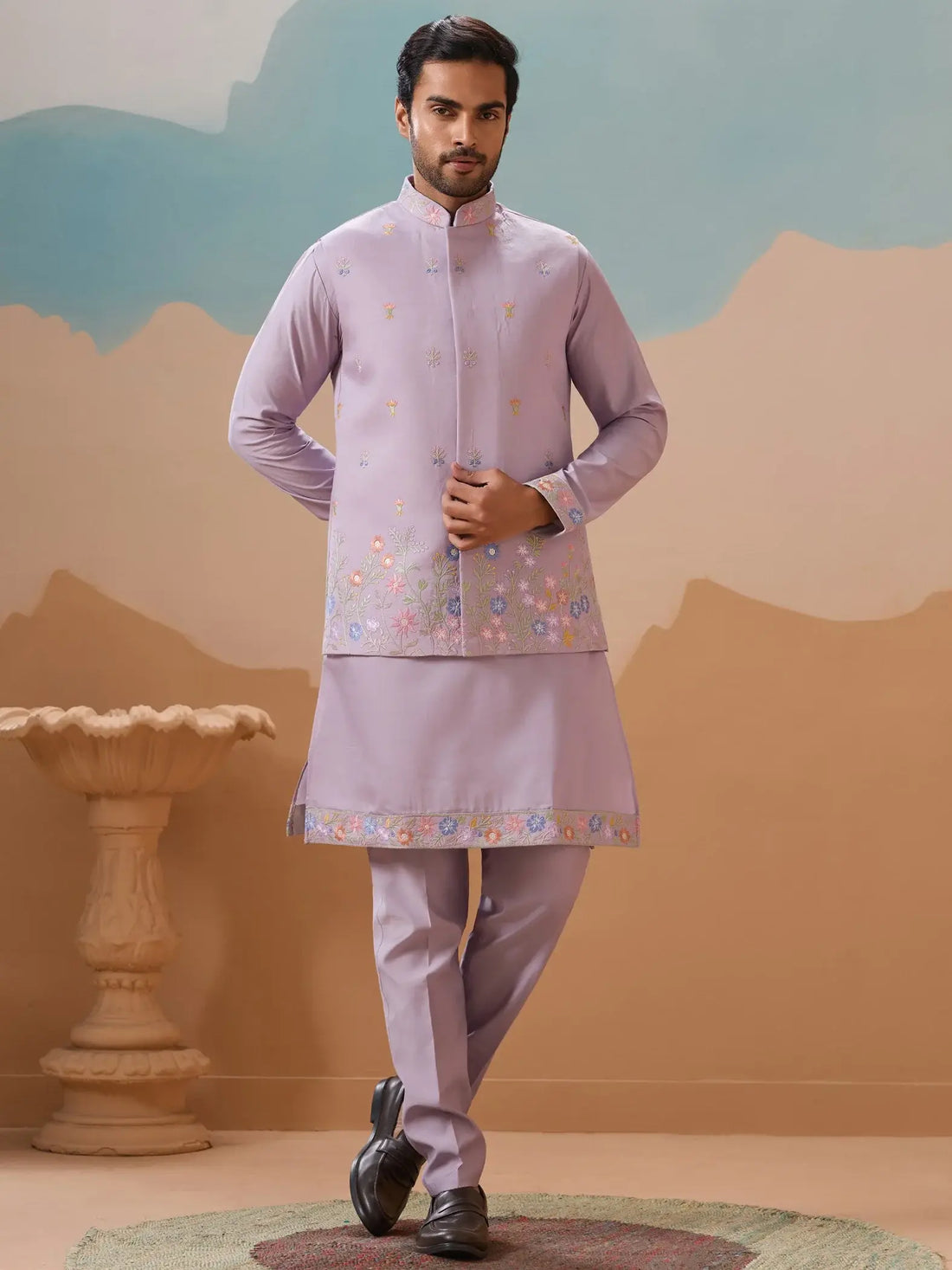 Great Lavender Sequins Work Viscose Silk Designer Men Kurta Set With Jacket