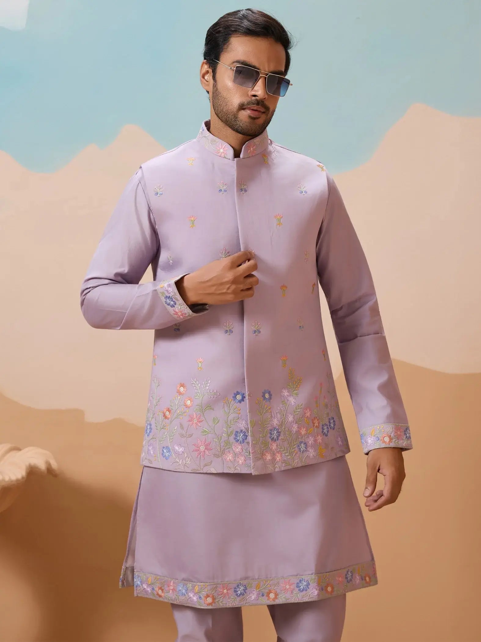 Great Lavender Sequins Work Viscose Silk Designer Men Kurta Set With Jacket
